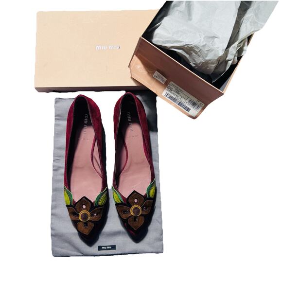 New In Box Miu Miu Calzature Donna Cerise Flower Flats Shoes 38.5 Women’s 8 - Picture 9 of 9